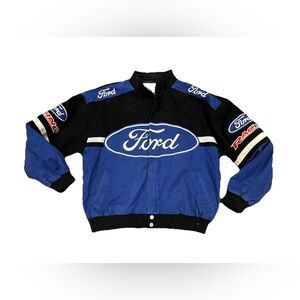 Vintage Ford Racing Bomber Jacket Size XL Zip Up Embroidered Heavyweight NASCAR